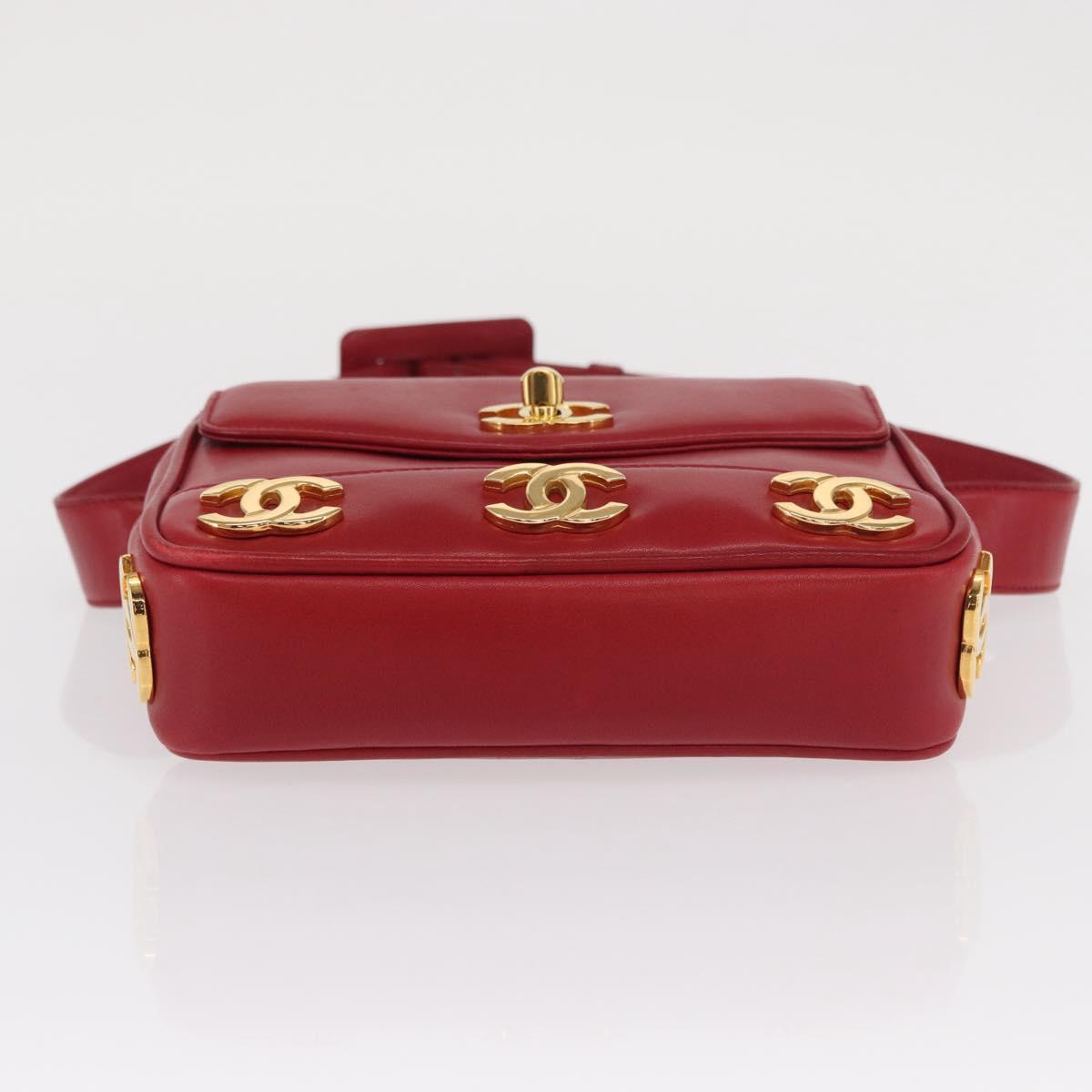 CHANEL Triple Coco Waist bag Lamb Skin Red Gold CC Auth 168355SAV