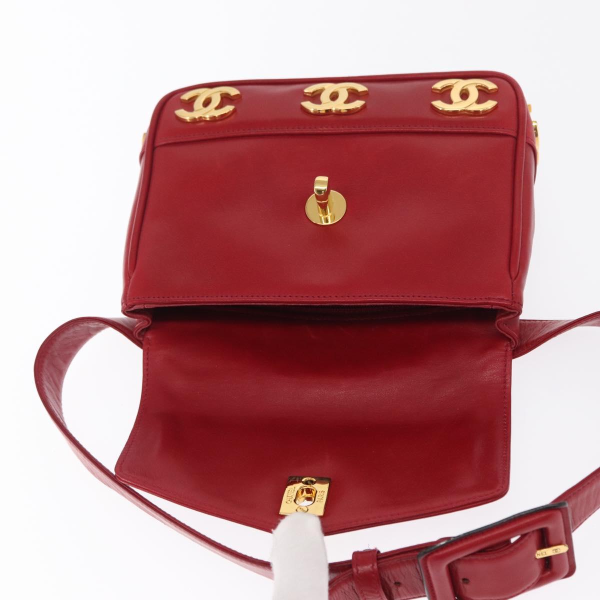 CHANEL Triple Coco Waist bag Lamb Skin Red Gold CC Auth 168355SAV
