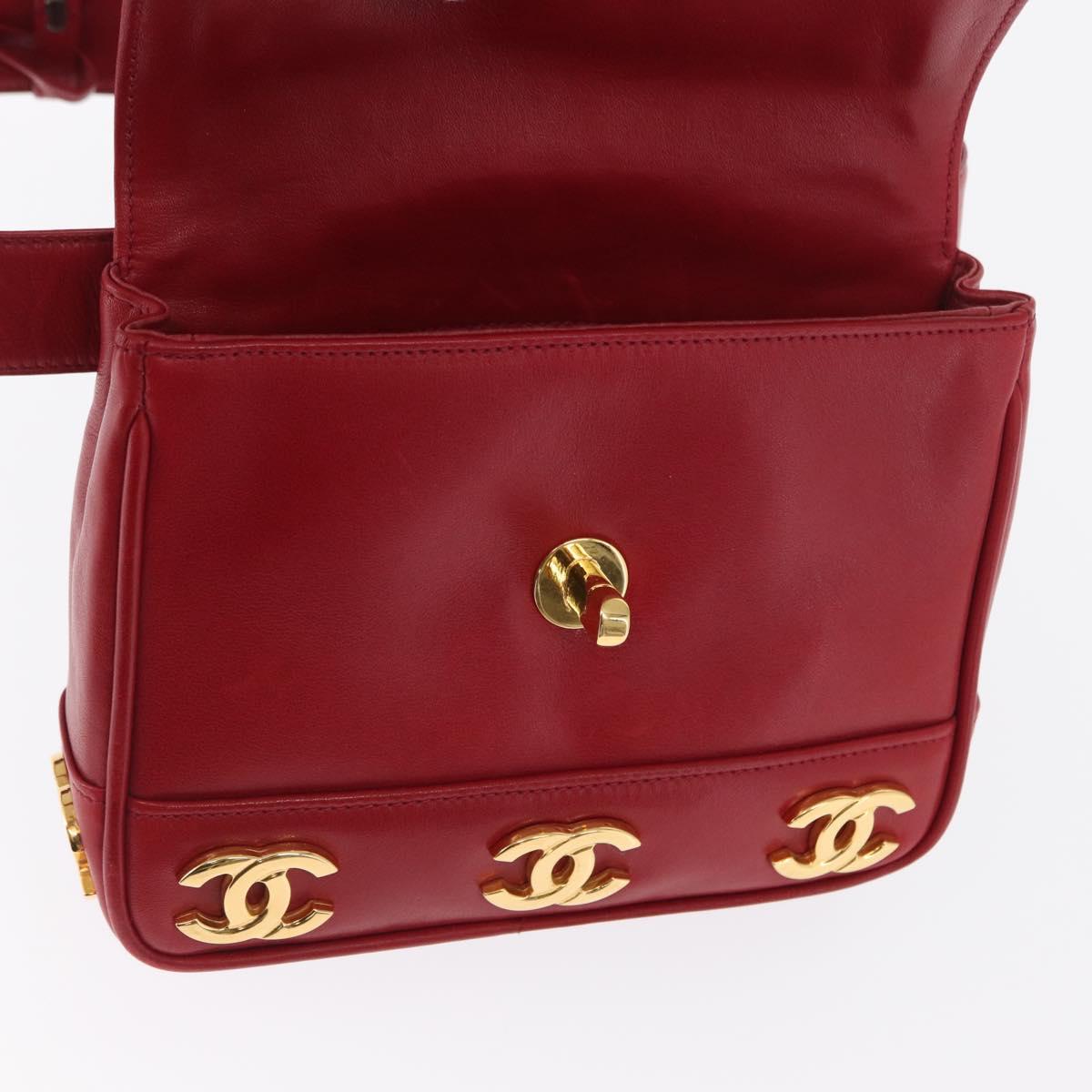 CHANEL Triple Coco Waist bag Lamb Skin Red Gold CC Auth 168355SAV
