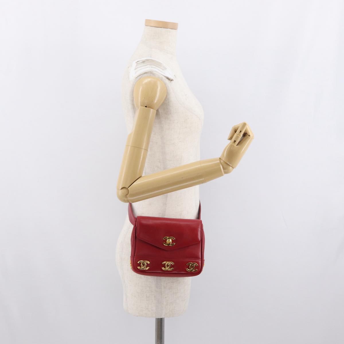 CHANEL Triple Coco Waist bag Lamb Skin Red Gold CC Auth 168355SAV