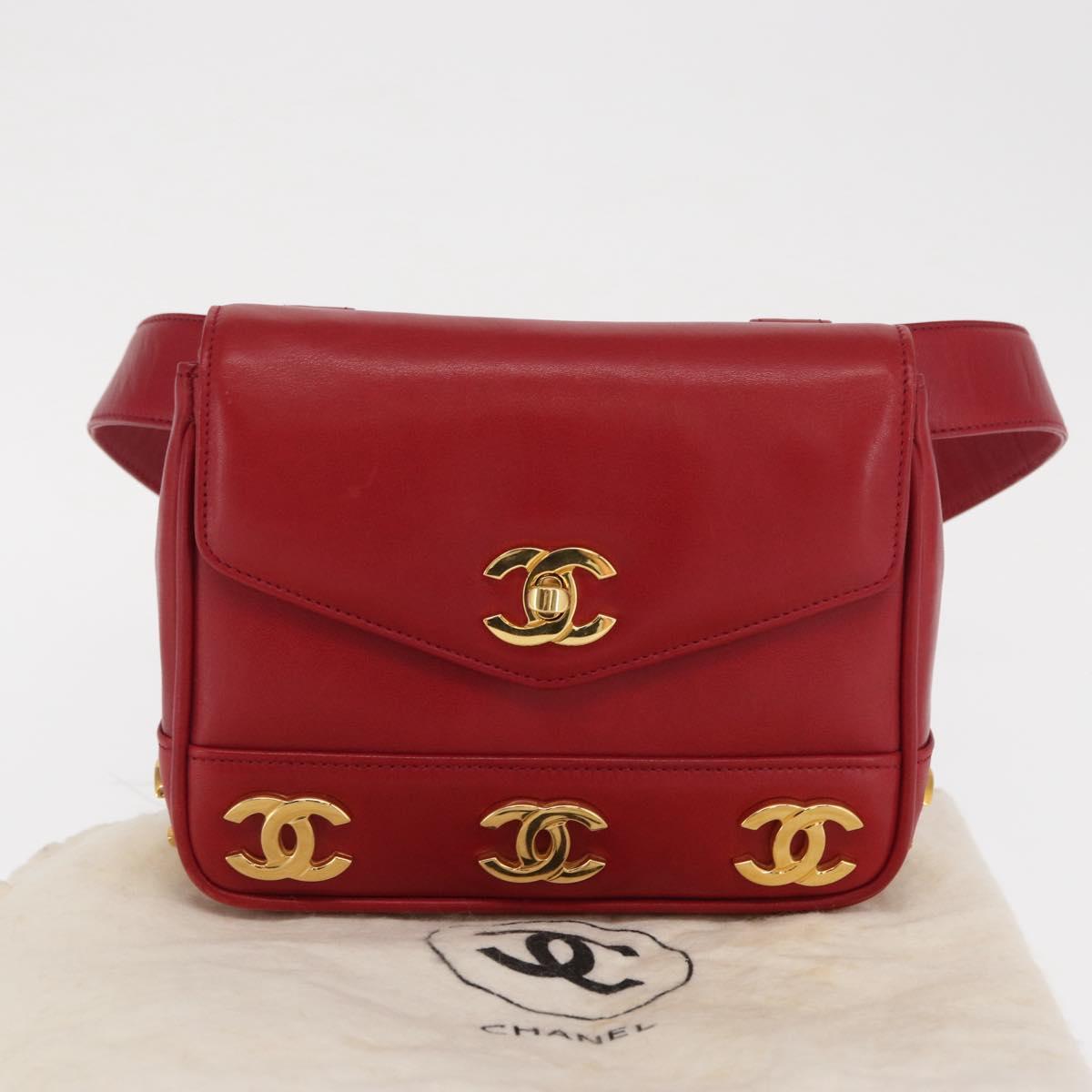 CHANEL Triple Coco Waist bag Lamb Skin Red Gold CC Auth 168355SAV