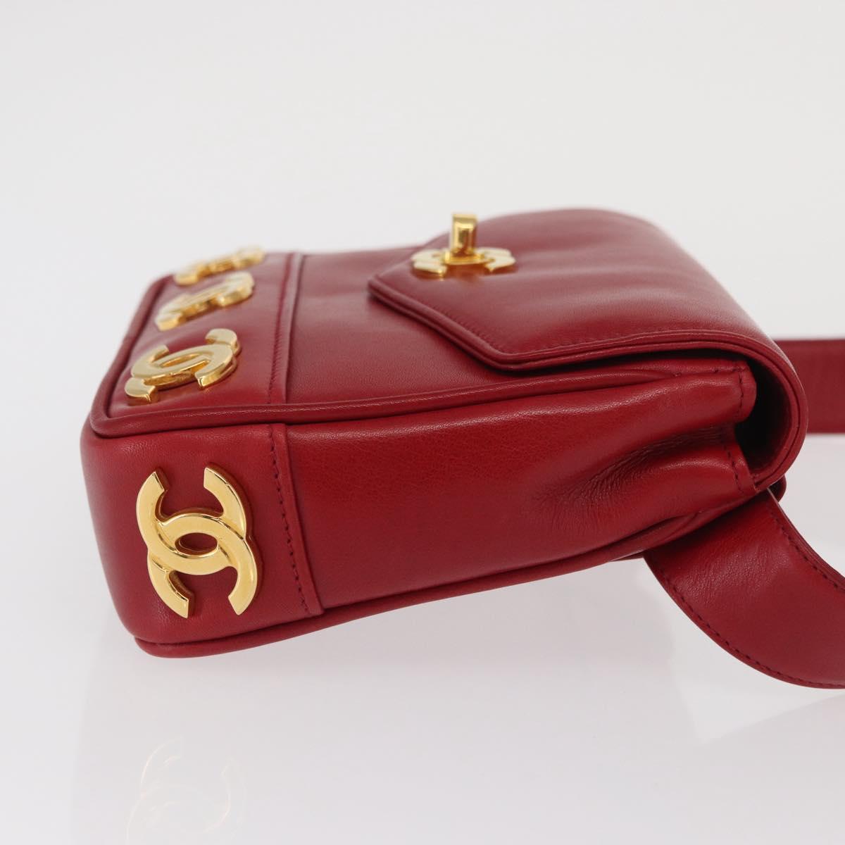 CHANEL Triple Coco Waist bag Lamb Skin Red Gold CC Auth 168355SAV
