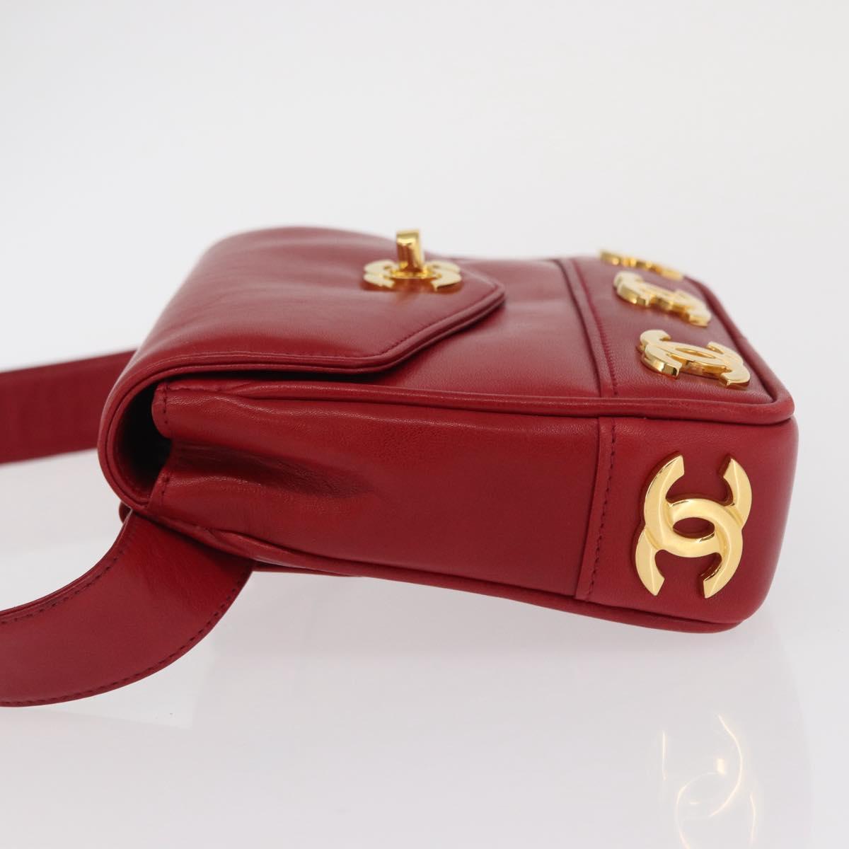 CHANEL Triple Coco Waist bag Lamb Skin Red Gold CC Auth 168355SAV
