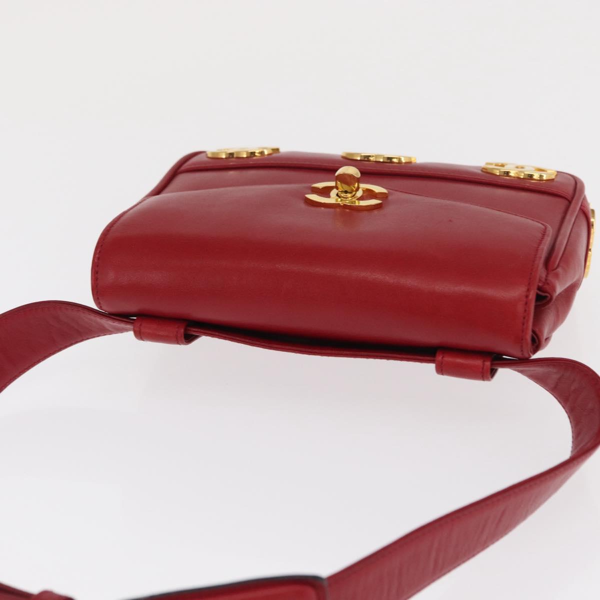CHANEL Triple Coco Waist bag Lamb Skin Red Gold CC Auth 168355SAV