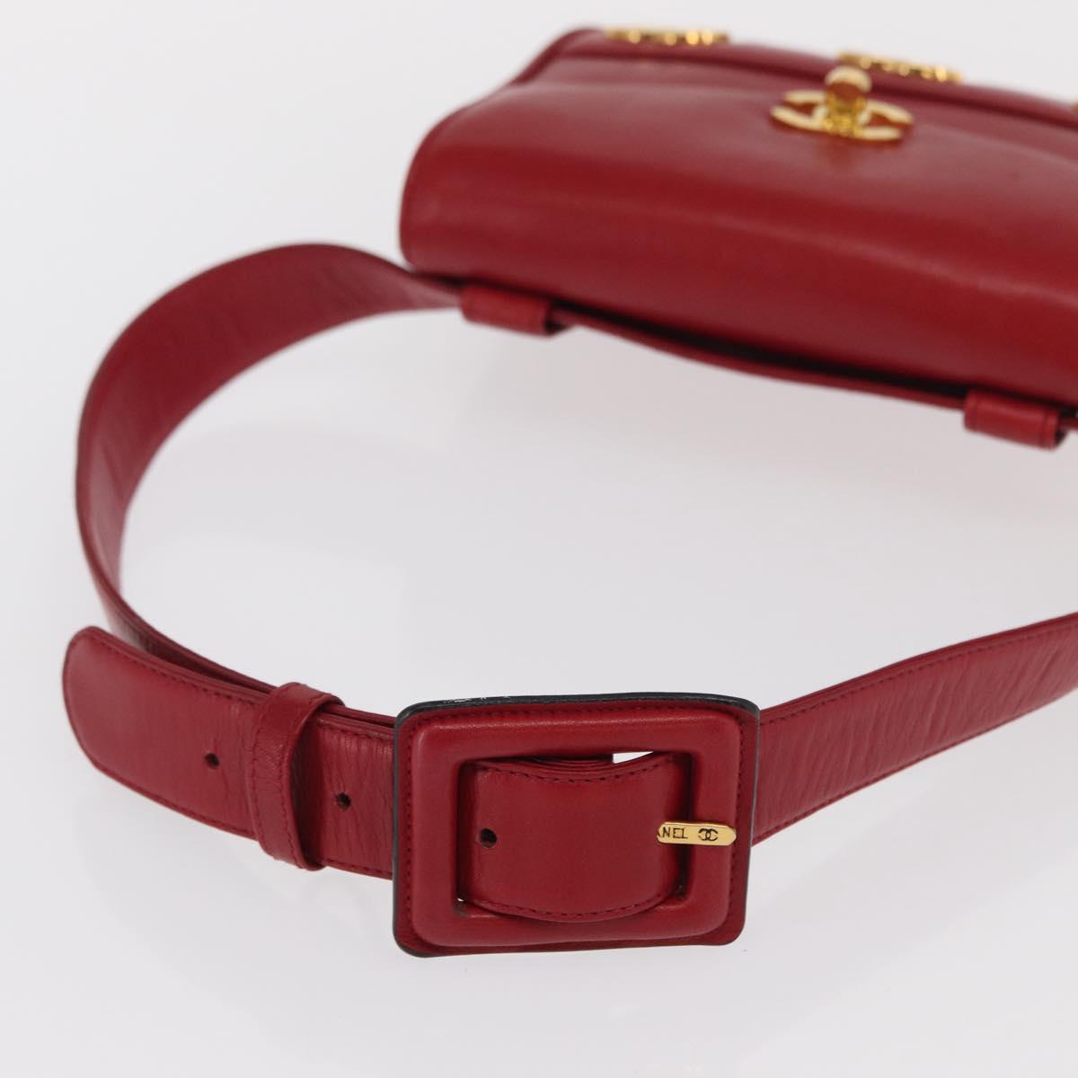 CHANEL Triple Coco Waist bag Lamb Skin Red Gold CC Auth 168355SAV