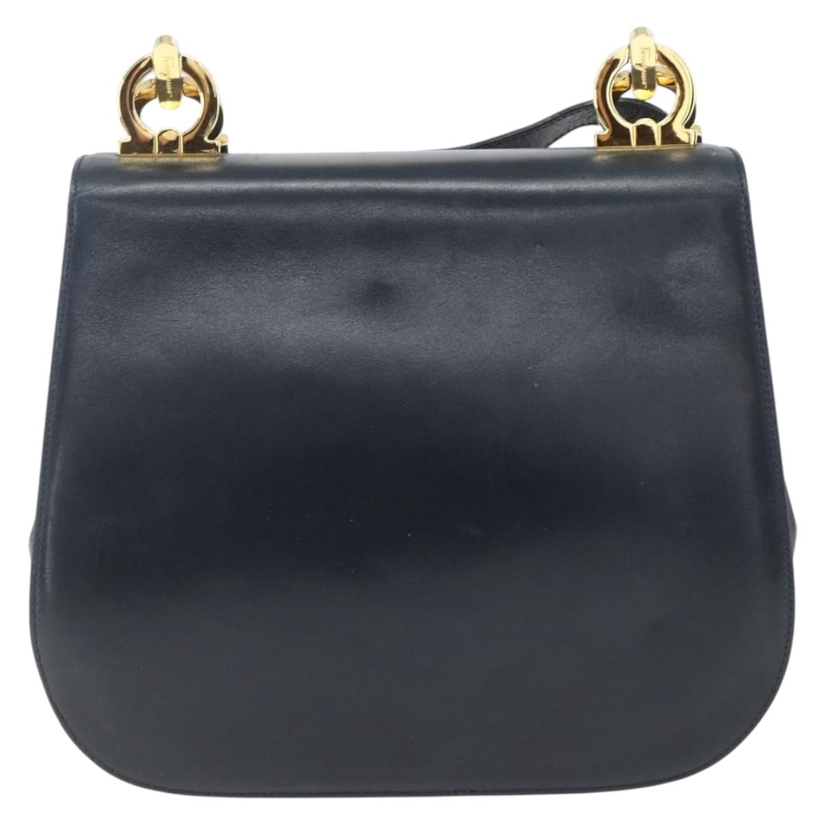 Salvatore Ferragamo Gancini Chain Shoulder Bag Leather Navy Gold Auth 168385