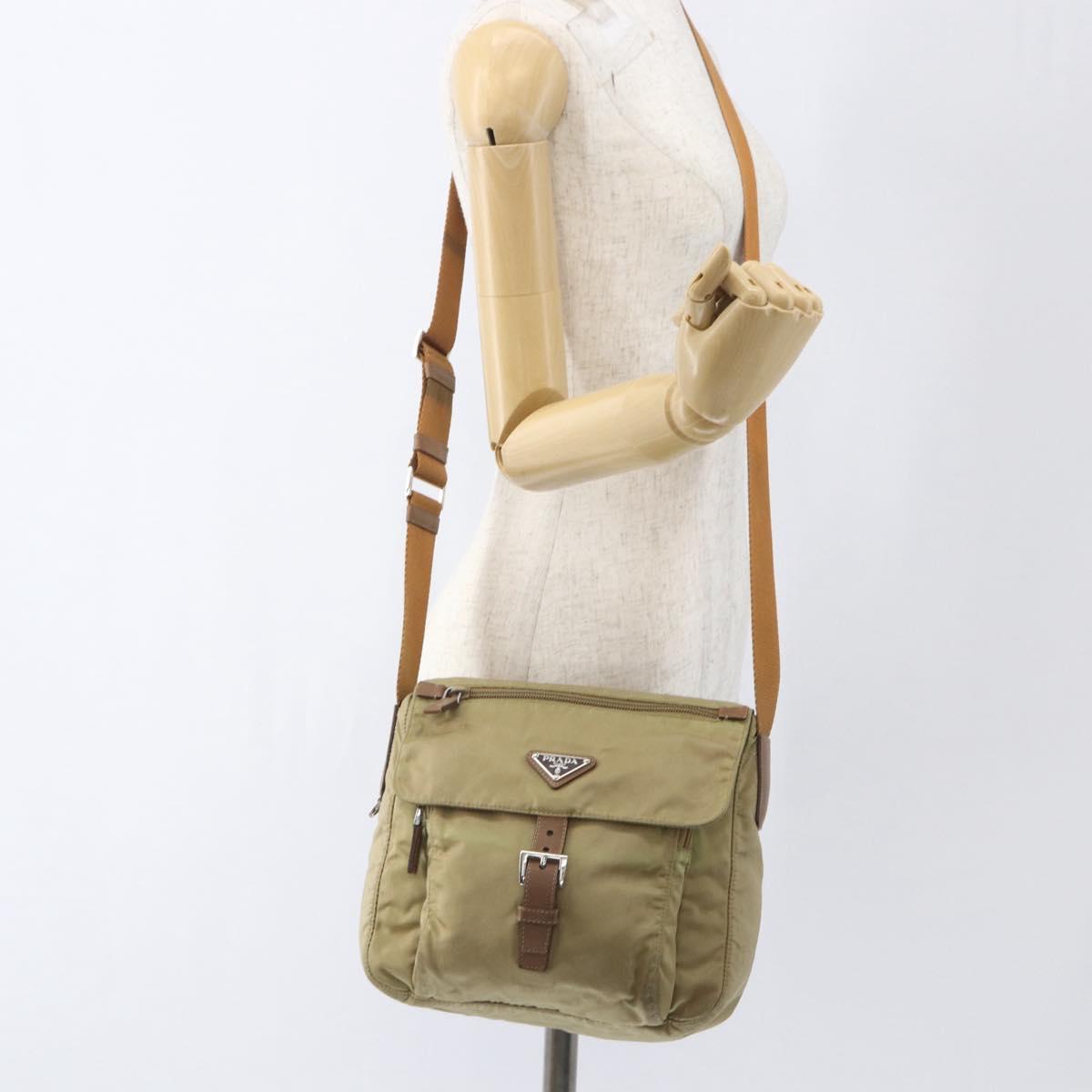 PRADA Shoulder Bag Nylon Beige Silver Auth 168388