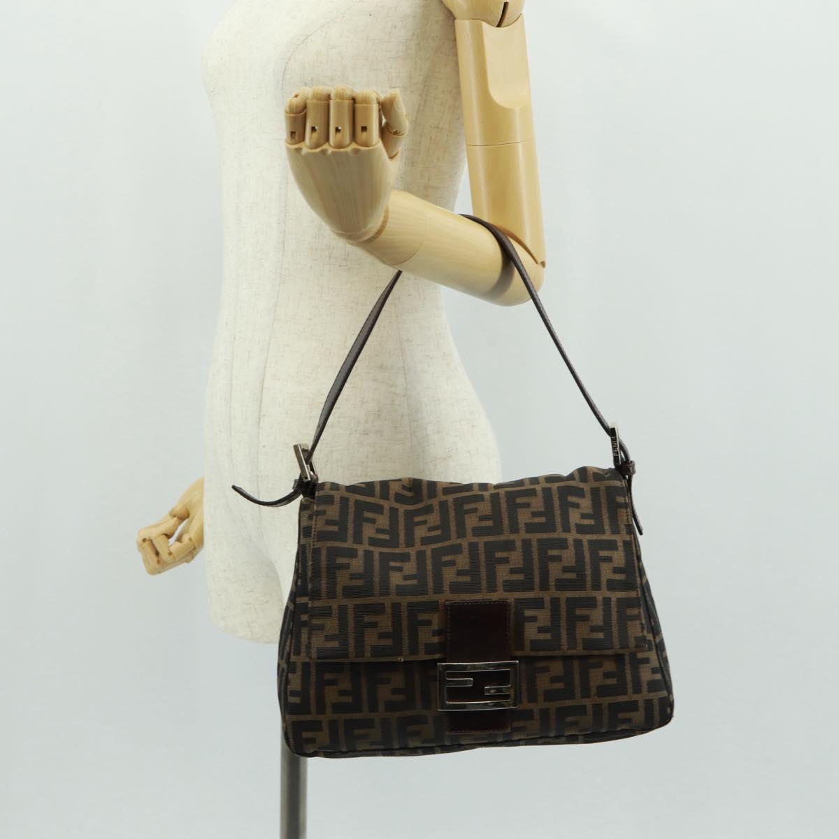 FENDI Zucca Canvas Mamma Baguette Shoulder Bag Black Brown Auth 168389V