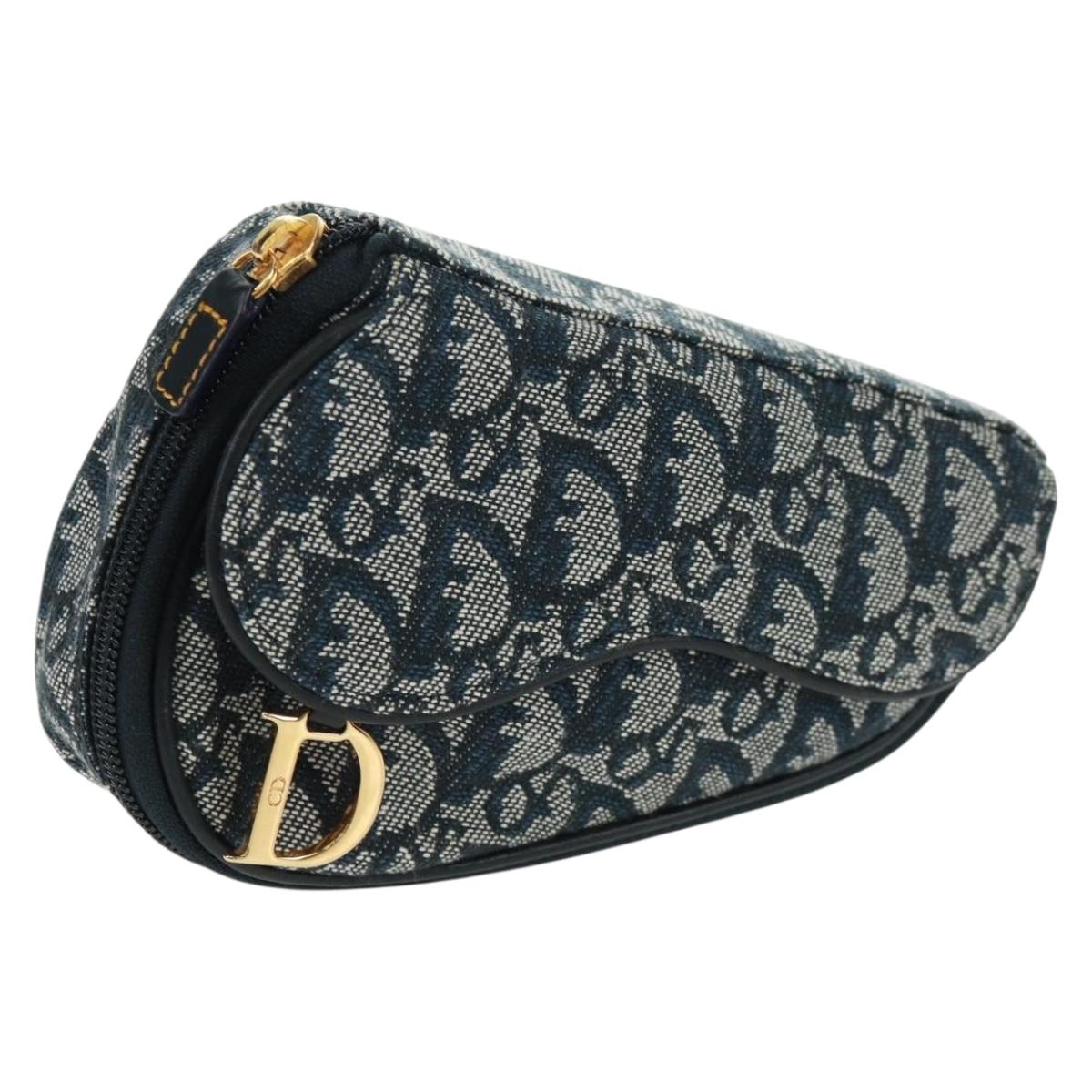 Christian Dior Trotter Canvas Saddle Pouch Navy Gold Auth 168406V