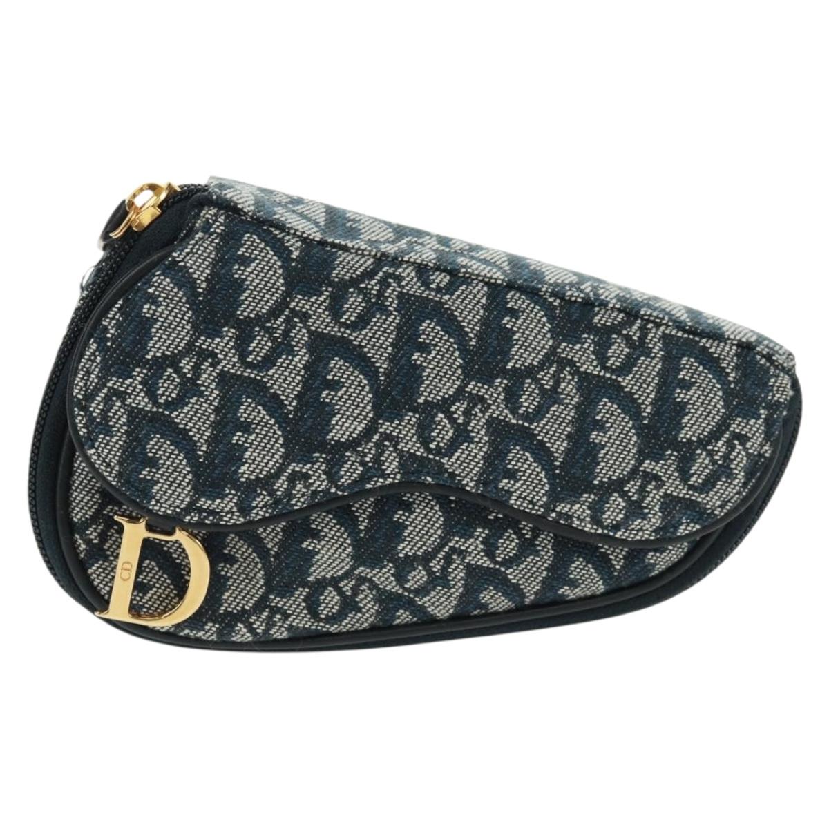 Christian Dior Trotter Canvas Saddle Pouch Navy Gold Auth 168406V