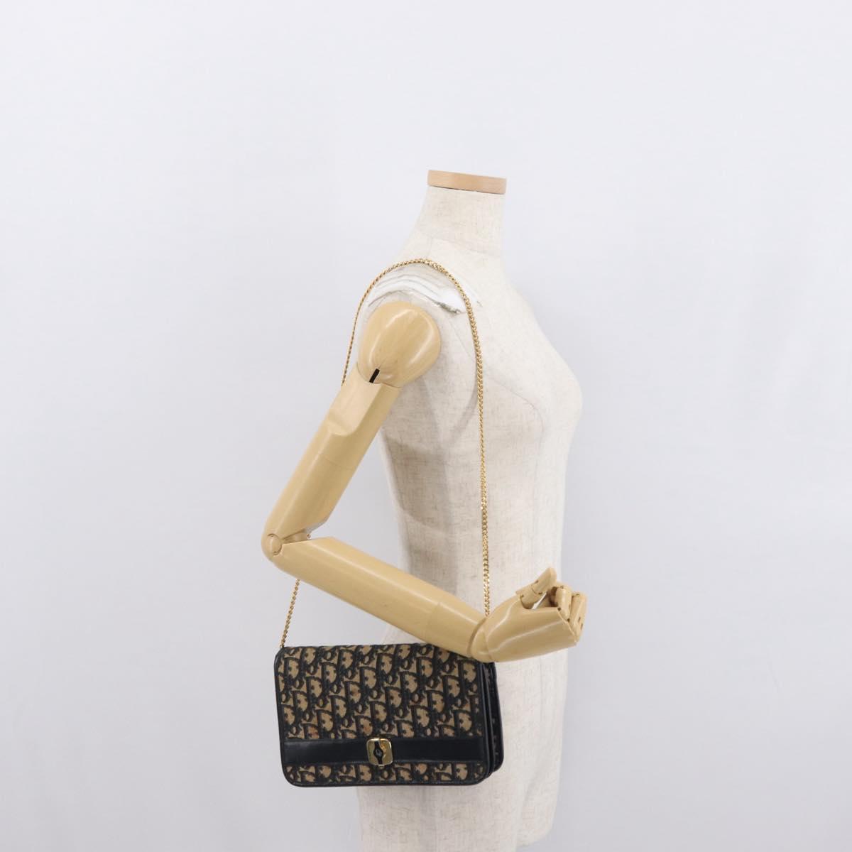Christian Dior Chain Trotter Canvas Shoulder Bag Navy Gold Auth 168427