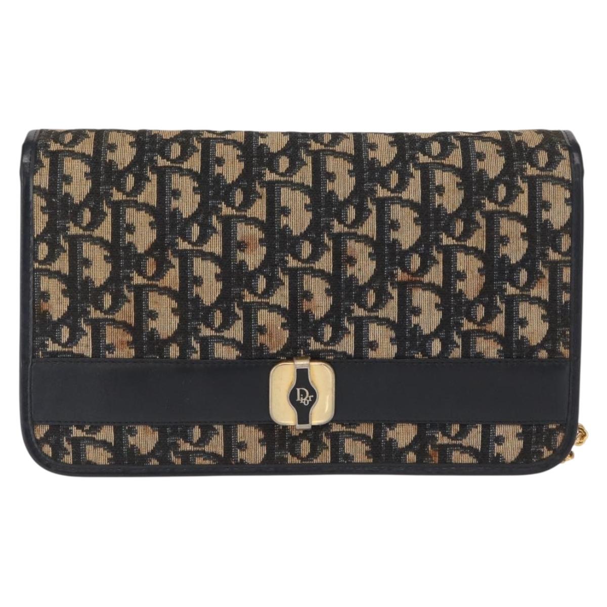 Christian Dior Chain Trotter Canvas Shoulder Bag Navy Gold Auth 168427