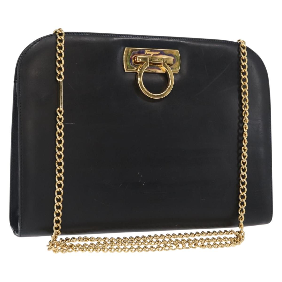 Salvatore Ferragamo Gancini Chain Shoulder Bag Leather Black Gold Auth 168428