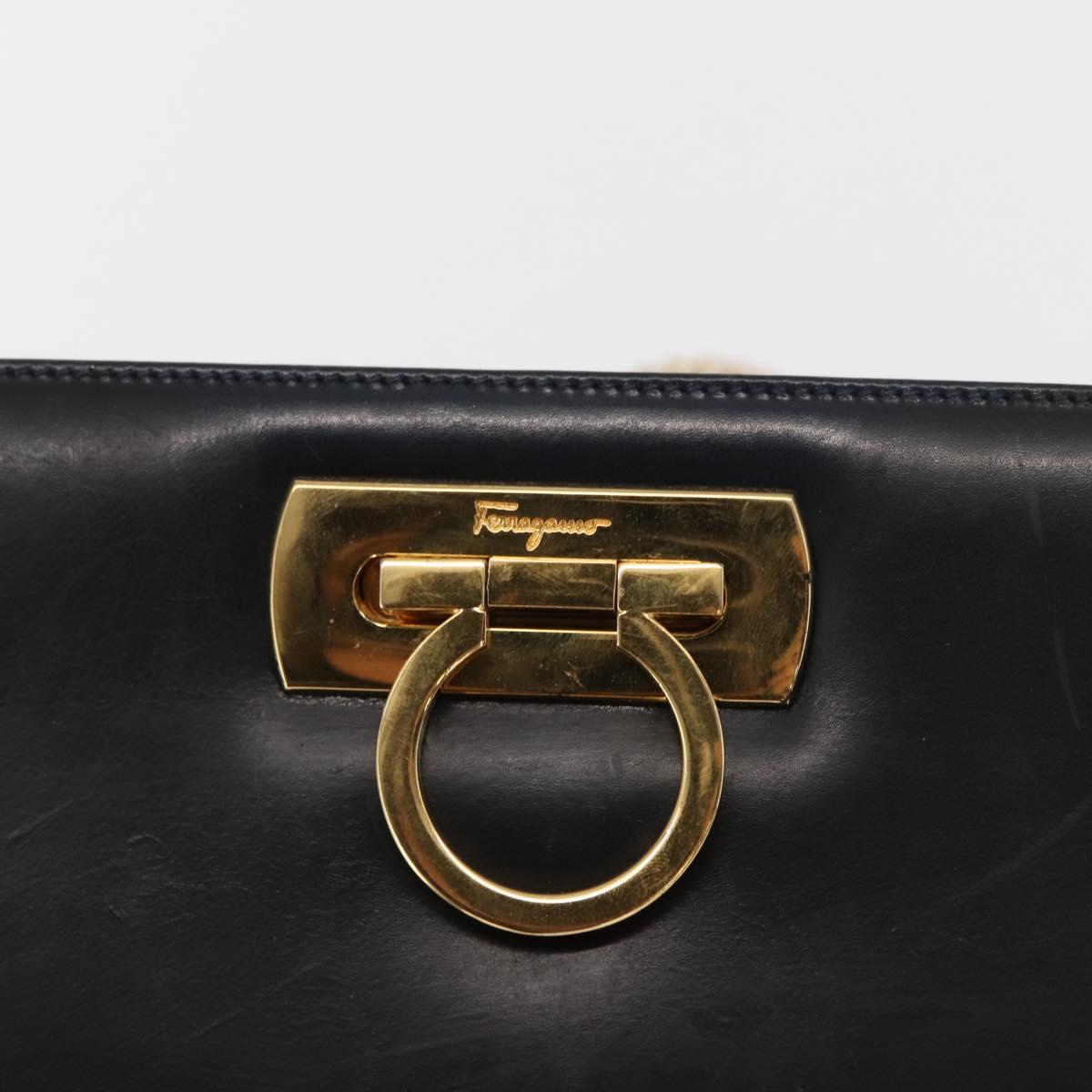 Salvatore Ferragamo Gancini Chain Shoulder Bag Leather Black Gold Auth 168428