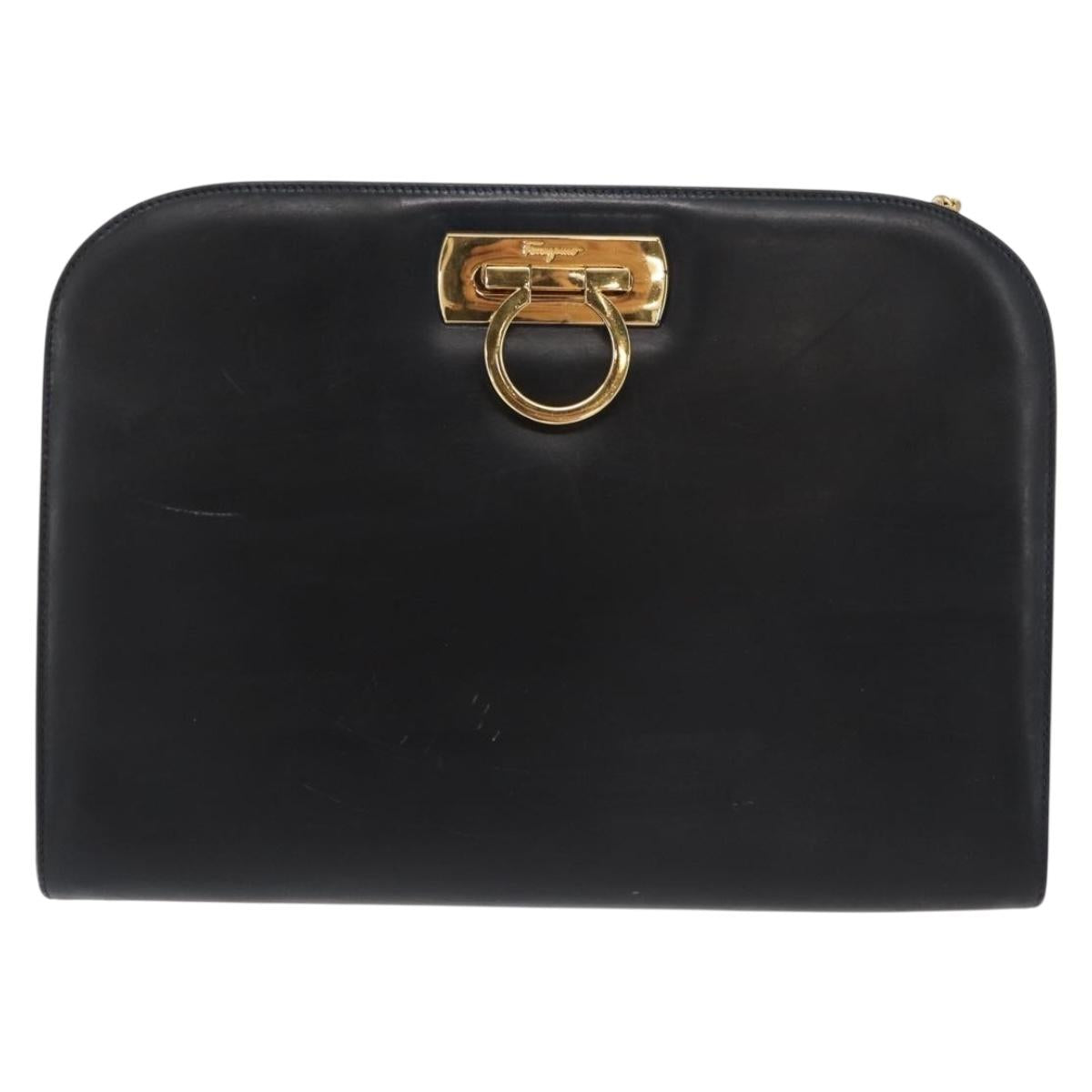 Salvatore Ferragamo Gancini Chain Shoulder Bag Leather Black Gold Auth 168428