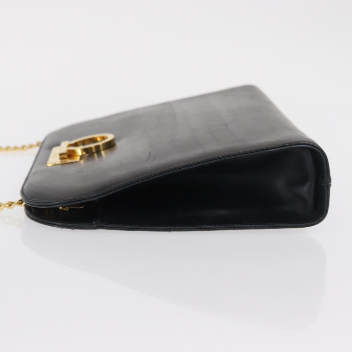 Salvatore Ferragamo Gancini Chain Shoulder Bag Leather Black Gold Auth 168428