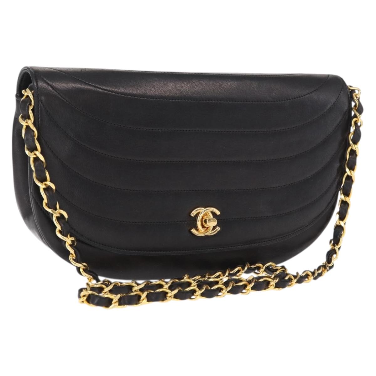 CHANEL Half Moon Chain Shoulder Bag Lamb Skin Black Gold CC Auth 168431
