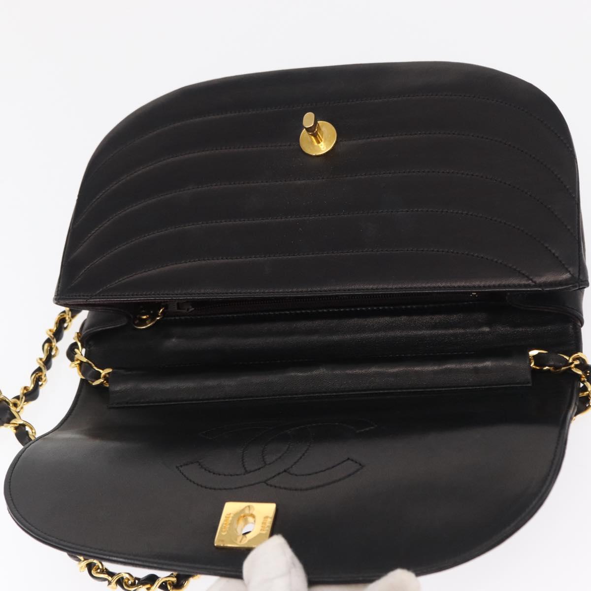 CHANEL Half Moon Chain Shoulder Bag Lamb Skin Black Gold CC Auth 168431