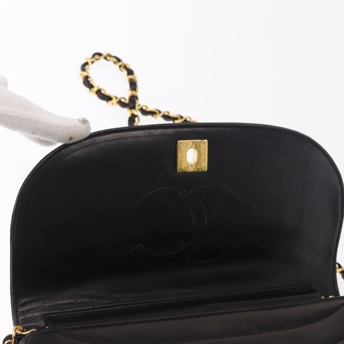 CHANEL Half Moon Chain Shoulder Bag Lamb Skin Black Gold CC Auth 168431