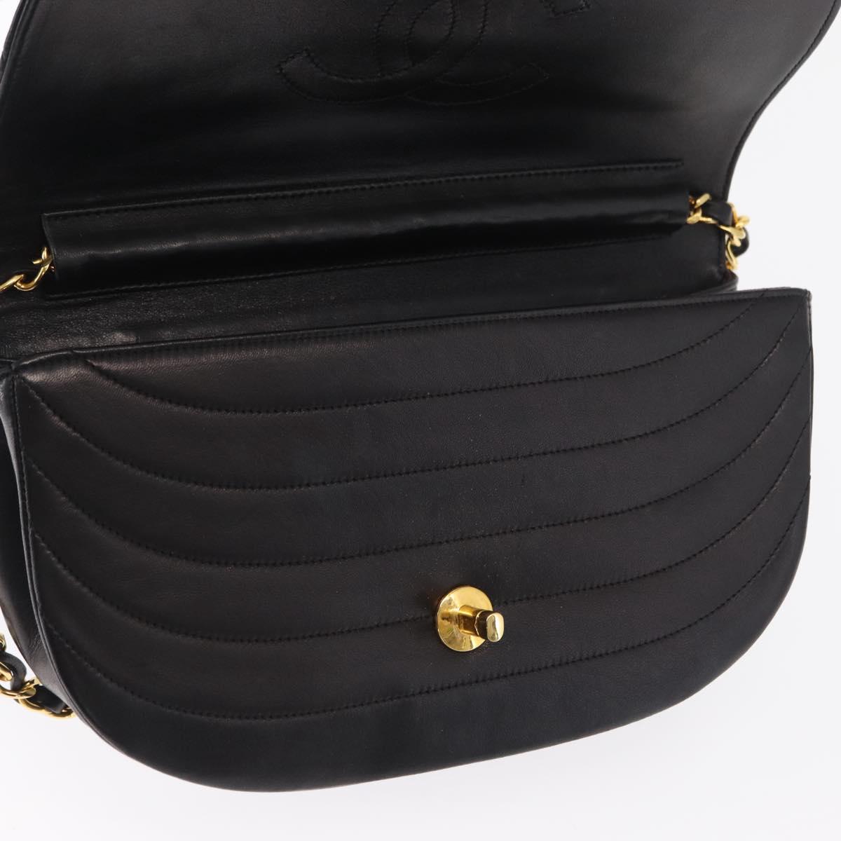 CHANEL Half Moon Chain Shoulder Bag Lamb Skin Black Gold CC Auth 168431