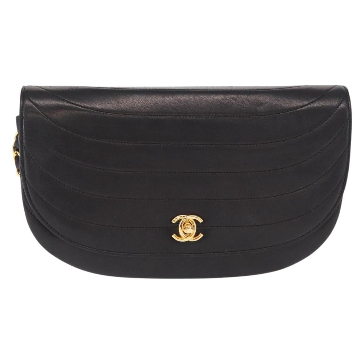 CHANEL Half Moon Chain Shoulder Bag Lamb Skin Black Gold CC Auth 168431
