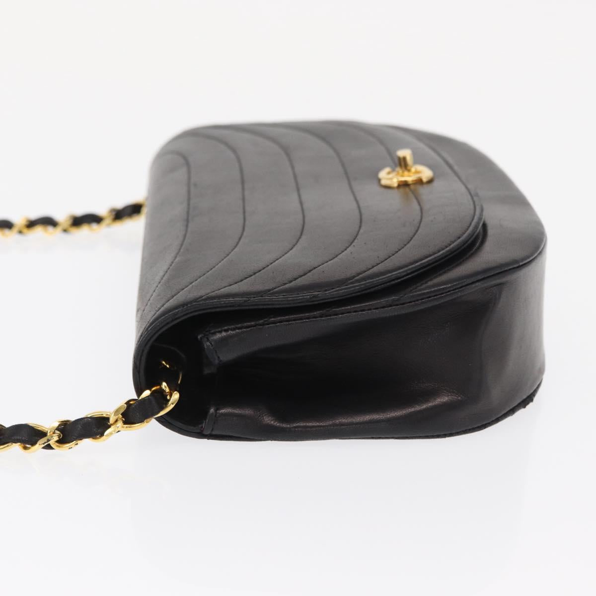 CHANEL Half Moon Chain Shoulder Bag Lamb Skin Black Gold CC Auth 168431