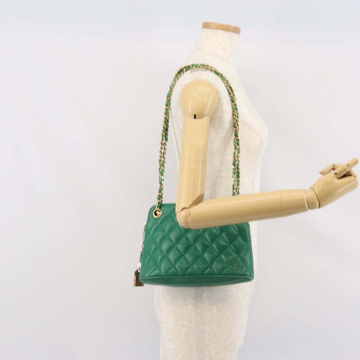 CHANEL Matelasse Chain Shoulder Bag Satin Green Gold CC Auth 168432