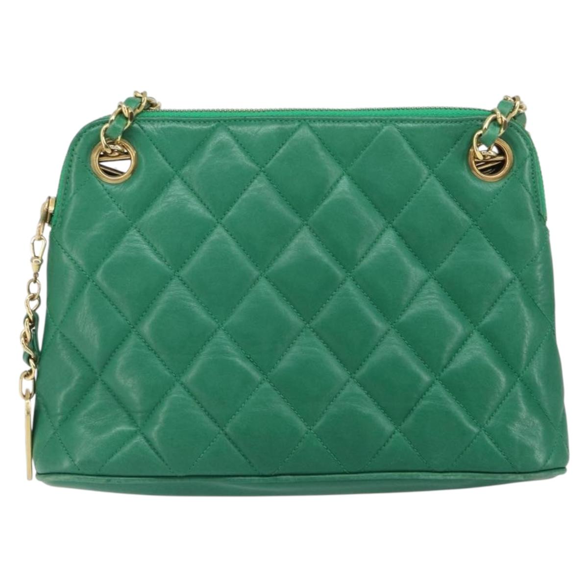 CHANEL Matelasse Chain Shoulder Bag Satin Green Gold CC Auth 168432