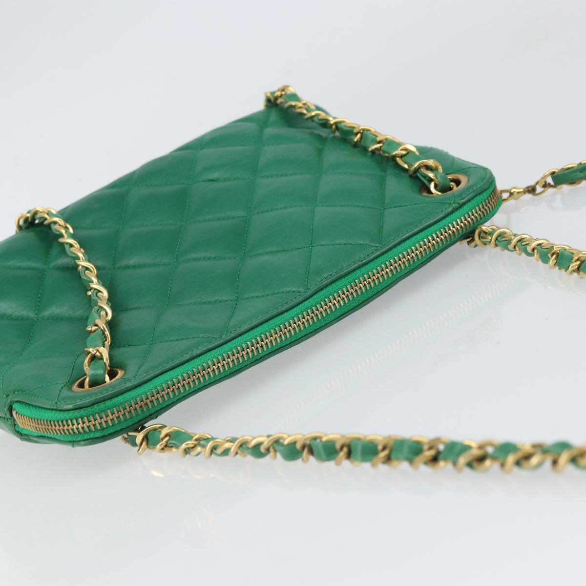 CHANEL Matelasse Chain Shoulder Bag Satin Green Gold CC Auth 168432