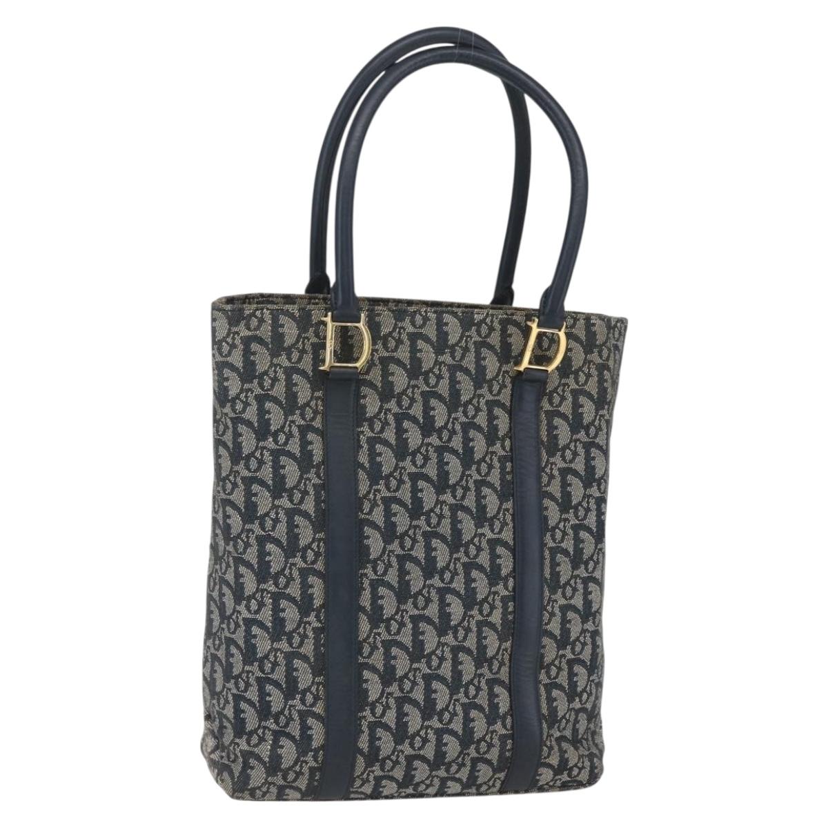 Christian Dior Trotter Canvas Tote Bag Navy Gold Auth 168487A