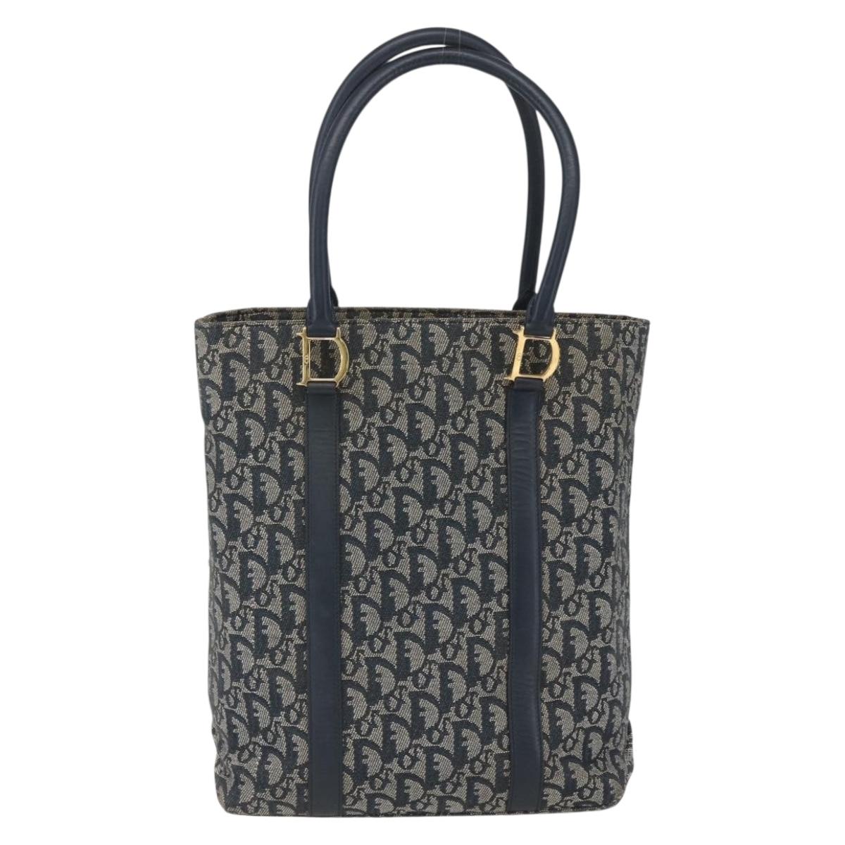 Christian Dior Trotter Canvas Tote Bag Navy Gold Auth 168487A