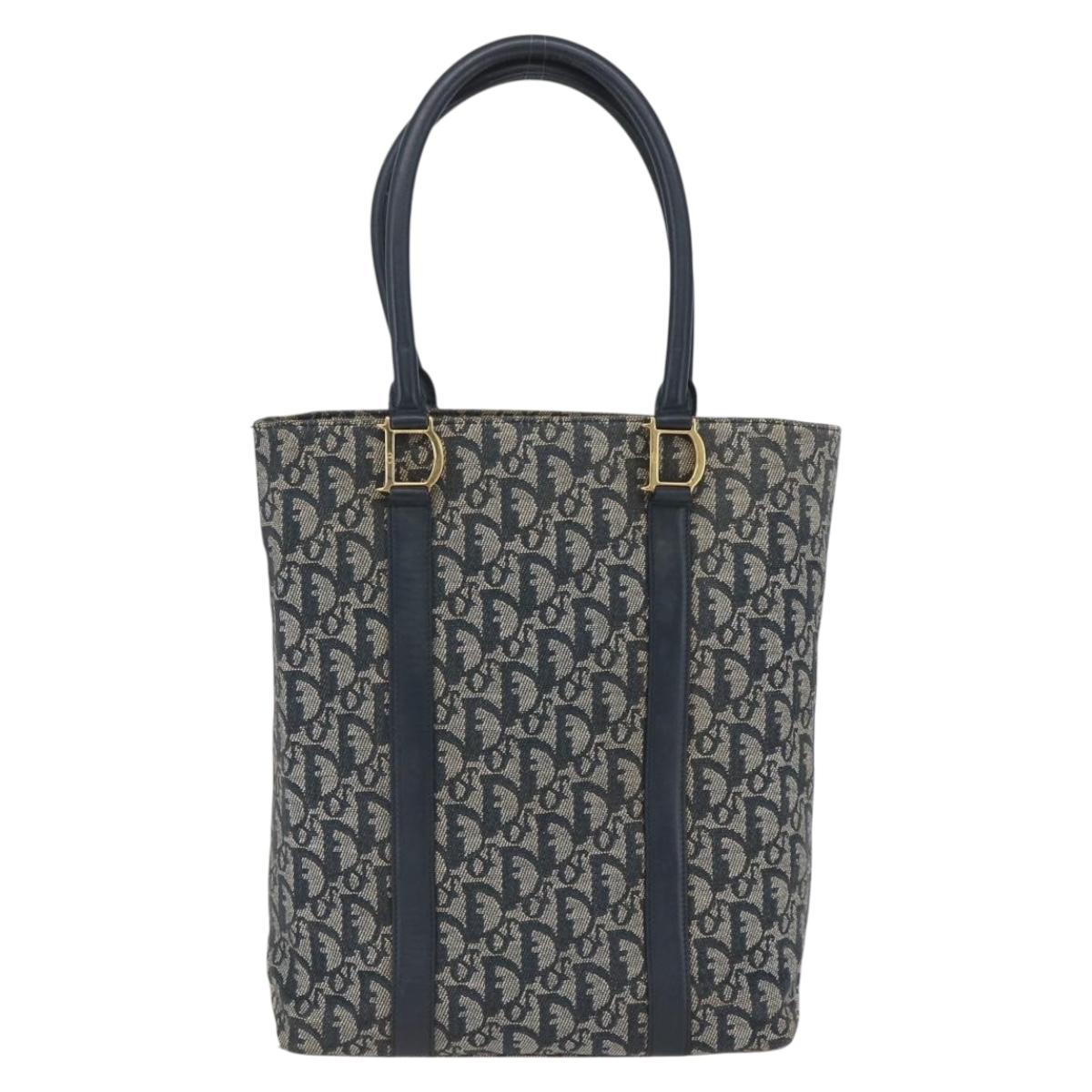 Christian Dior Trotter Canvas Tote Bag Navy Gold Auth 168487A