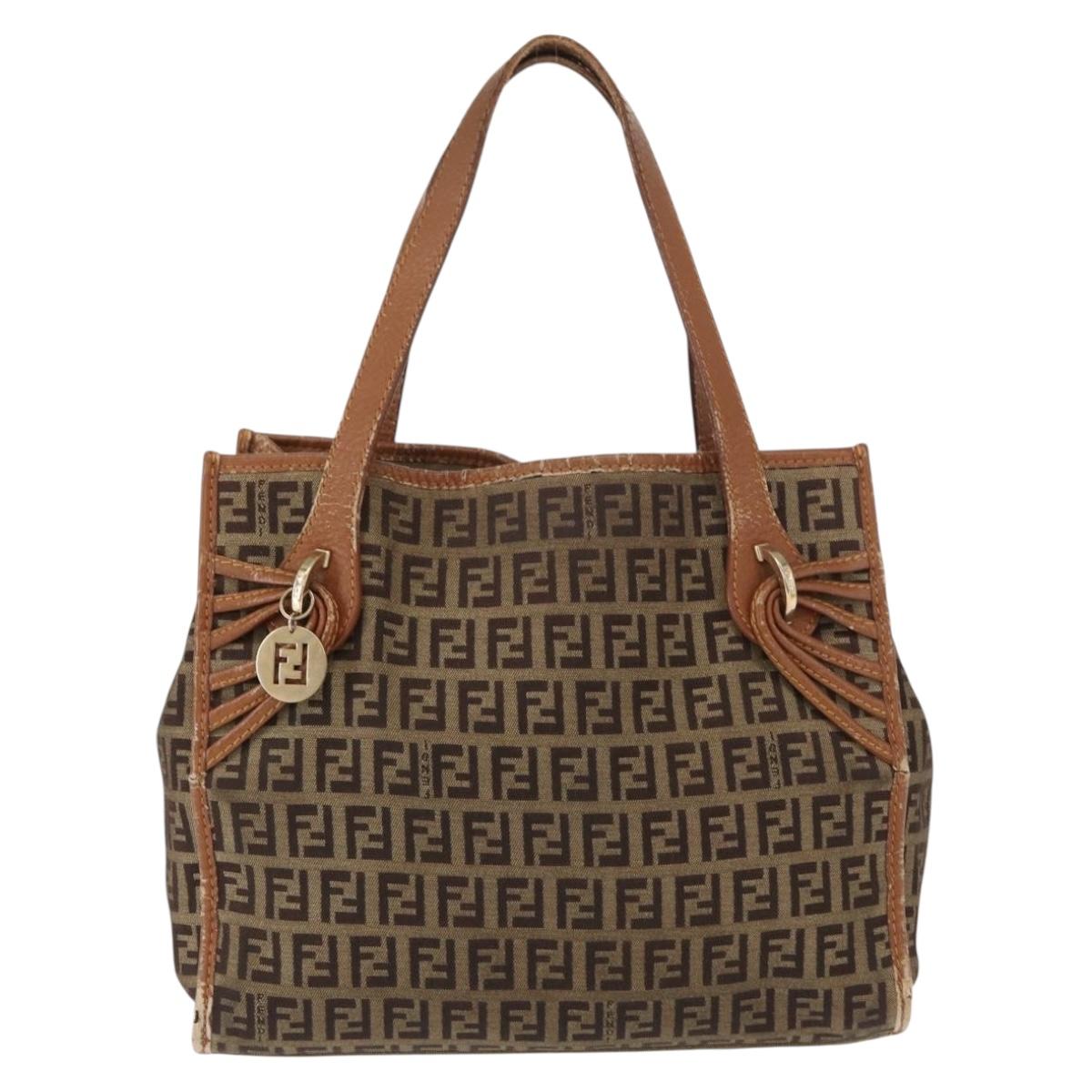 FENDI Zucchino Canvas Hand Bag Beige Gold Auth 168496