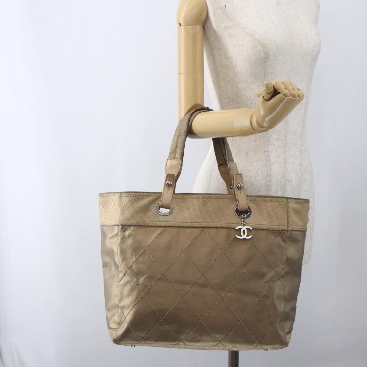 CHANEL Paris Biarritz MM Tote Bag Coated Canvas Gold CC Auth 168522