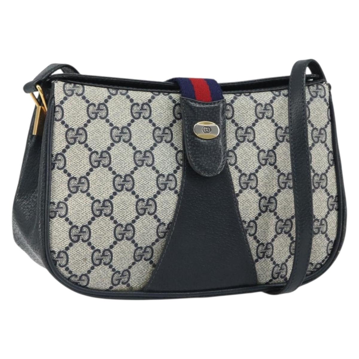 GUCCI GG Supreme Sherry Line Shoulder Bag PVC Navy Gold Auth 168523