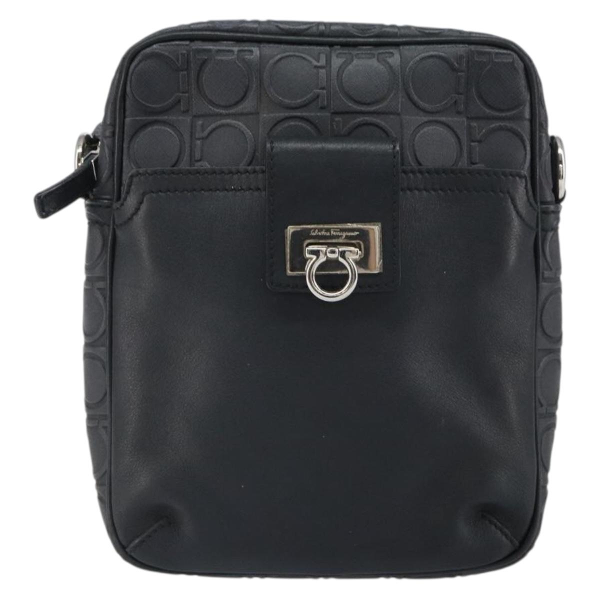 Salvatore Ferragamo Shoulder Bag Leather Black Silver Auth 168536
