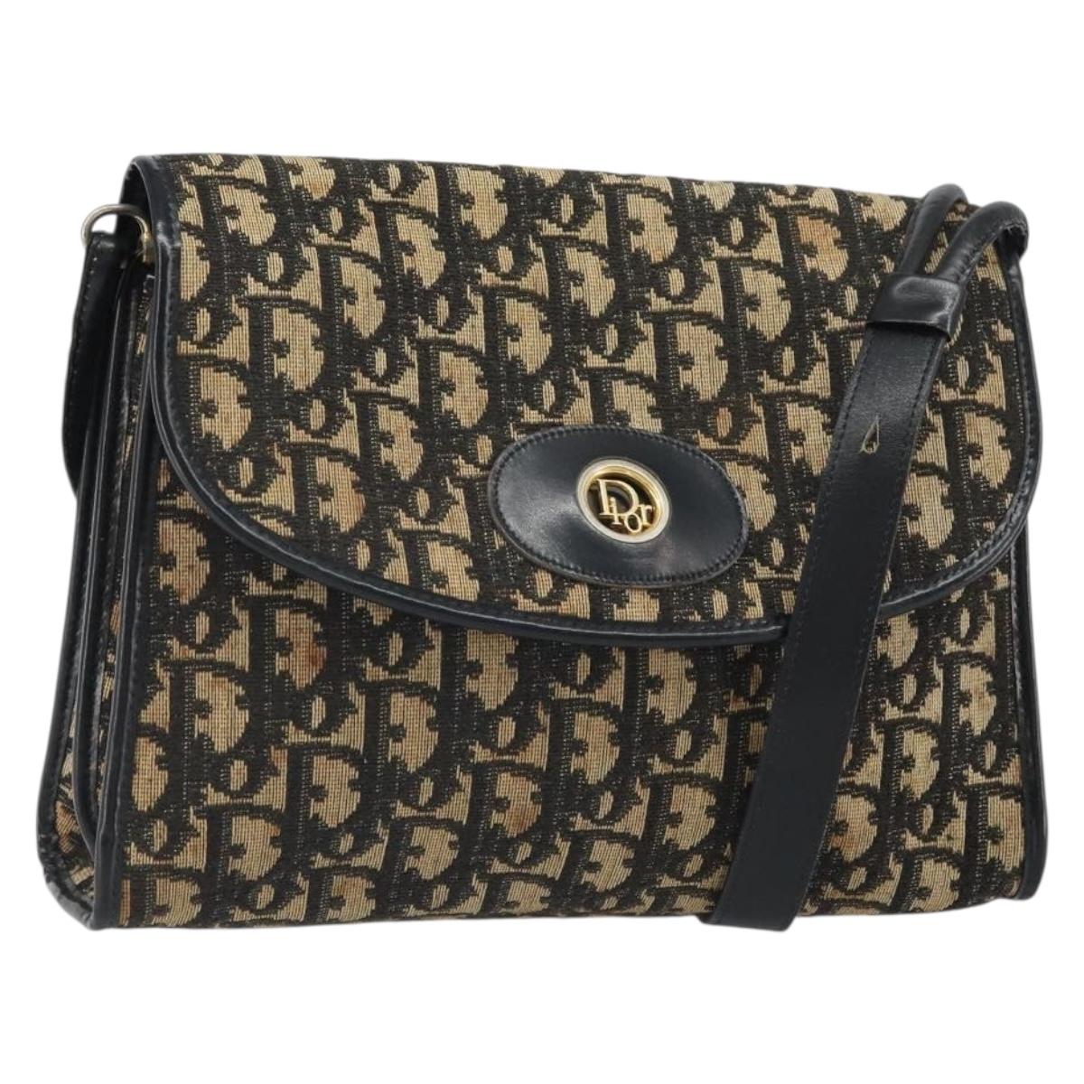 Christian Dior Trotter Canvas Shoulder Bag Navy Gold Auth 168551