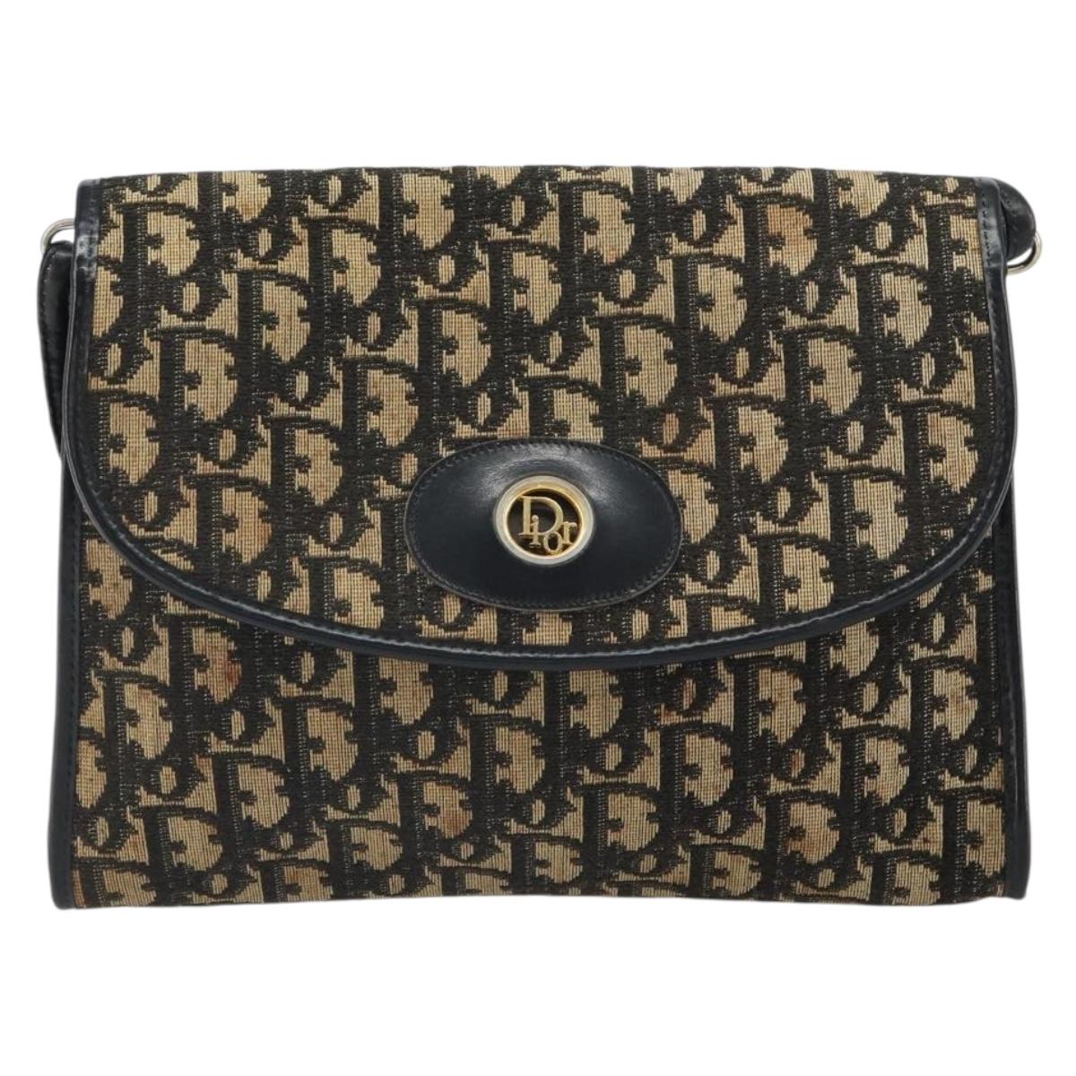 Christian Dior Trotter Canvas Shoulder Bag Navy Gold Auth 168551