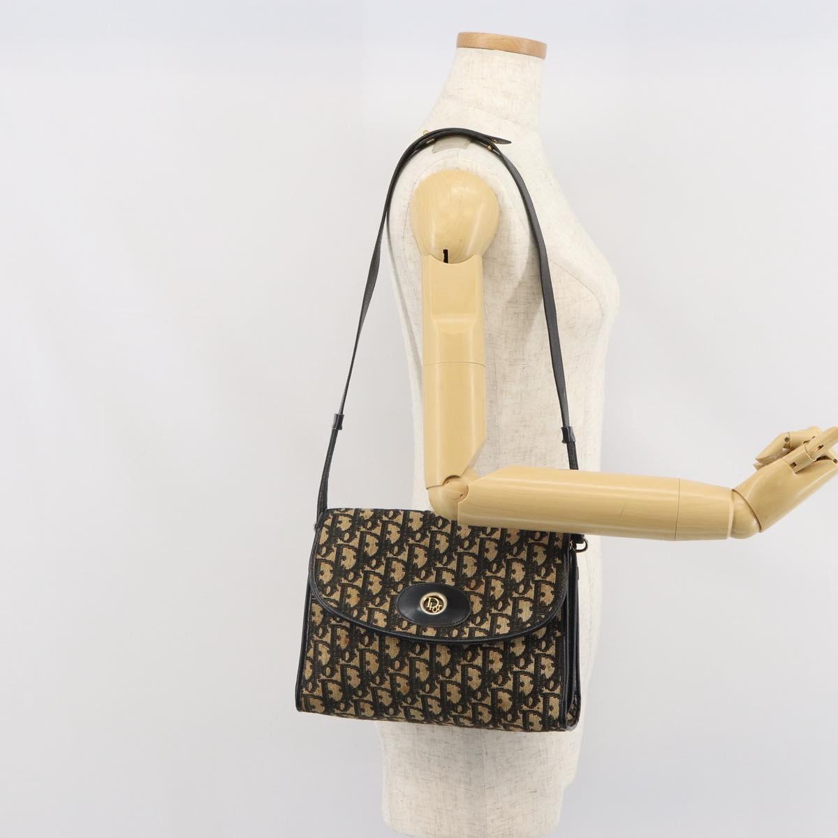 Christian Dior Trotter Canvas Shoulder Bag Navy Gold Auth 168551