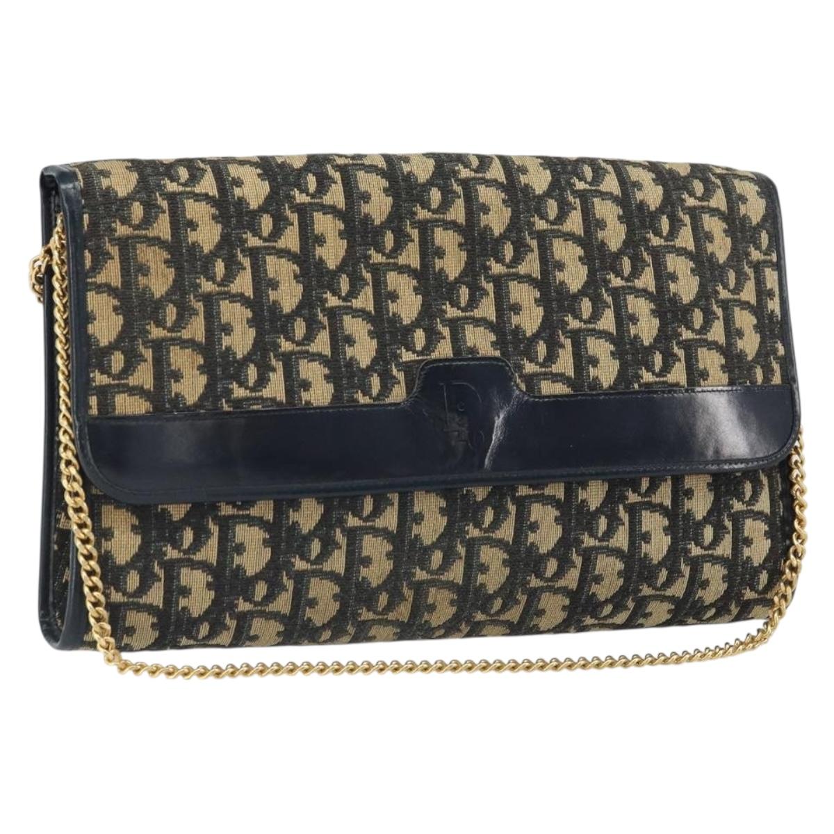 Christian Dior Chain Trotter Canvas Shoulder Bag Navy Gold Auth 168566