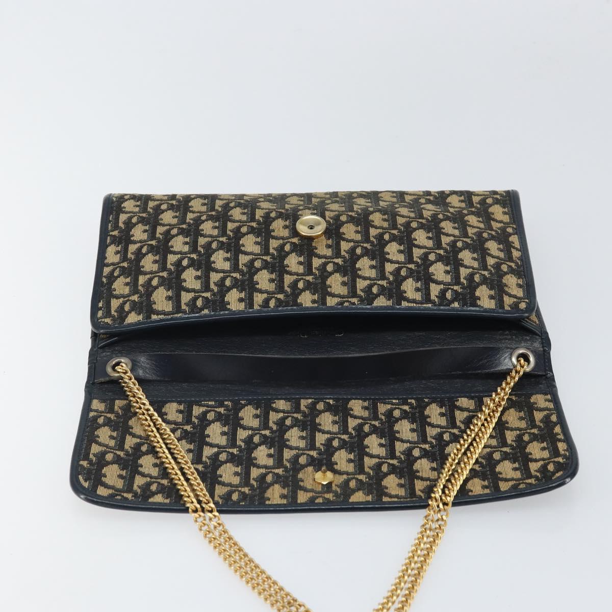 Christian Dior Chain Trotter Canvas Shoulder Bag Navy Gold Auth 168566