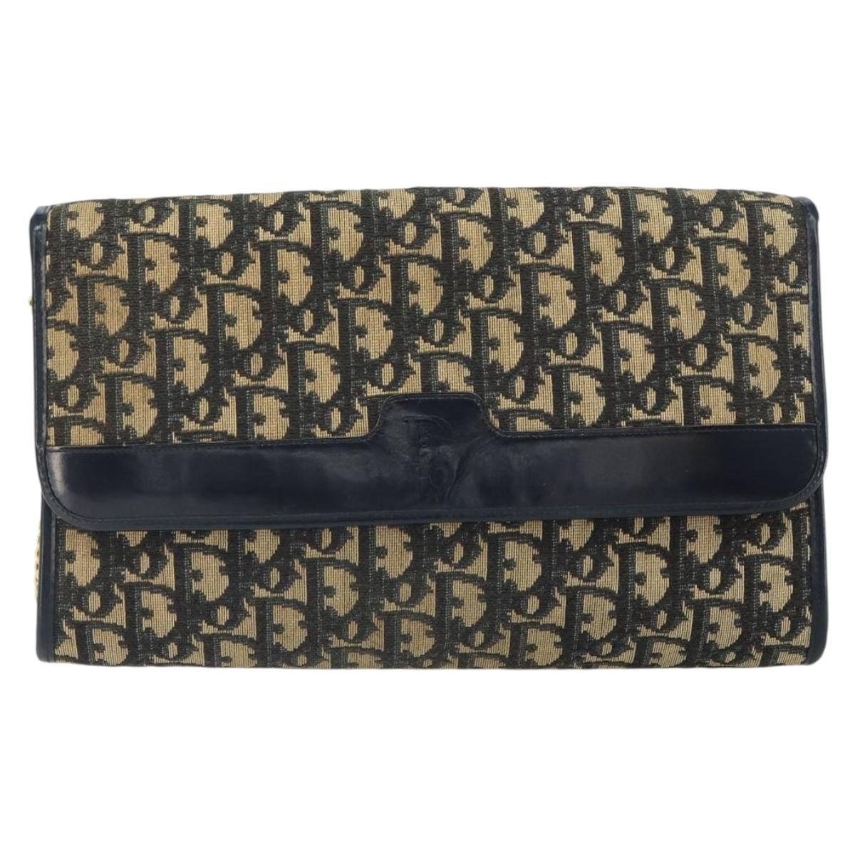 Christian Dior Chain Trotter Canvas Shoulder Bag Navy Gold Auth 168566