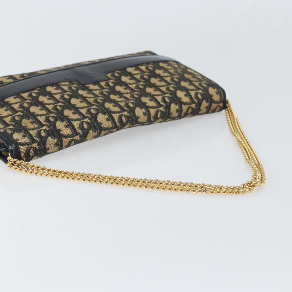 Christian Dior Chain Trotter Canvas Shoulder Bag Navy Gold Auth 168566