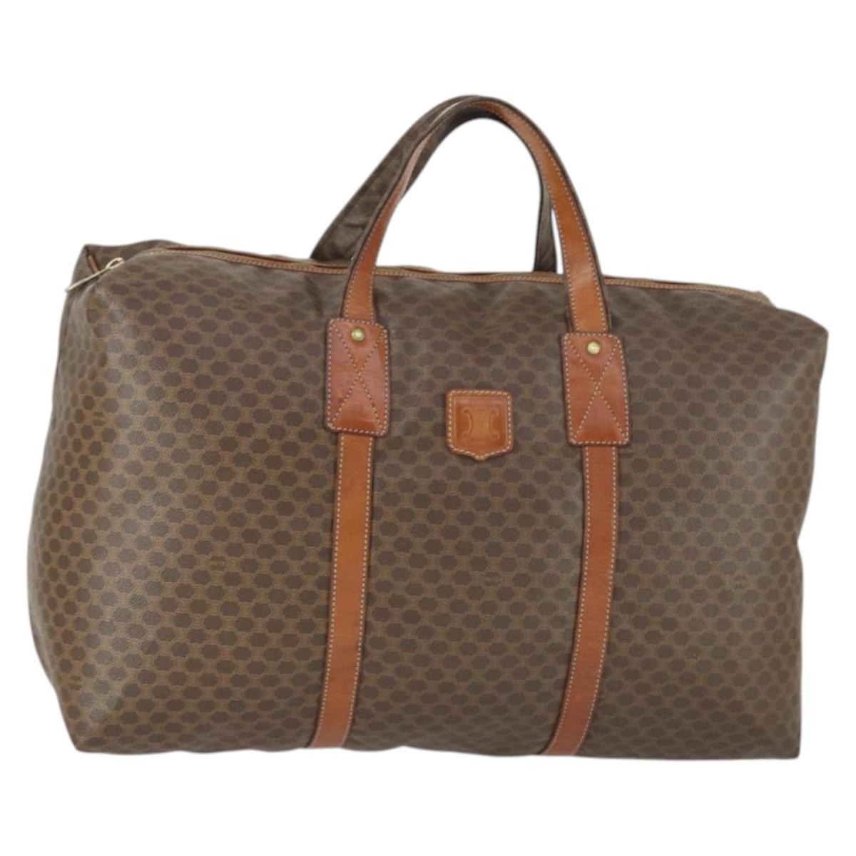 CELINE Macadam Canvas Boston Bag PVC Leather Brown Gold Auth 168631