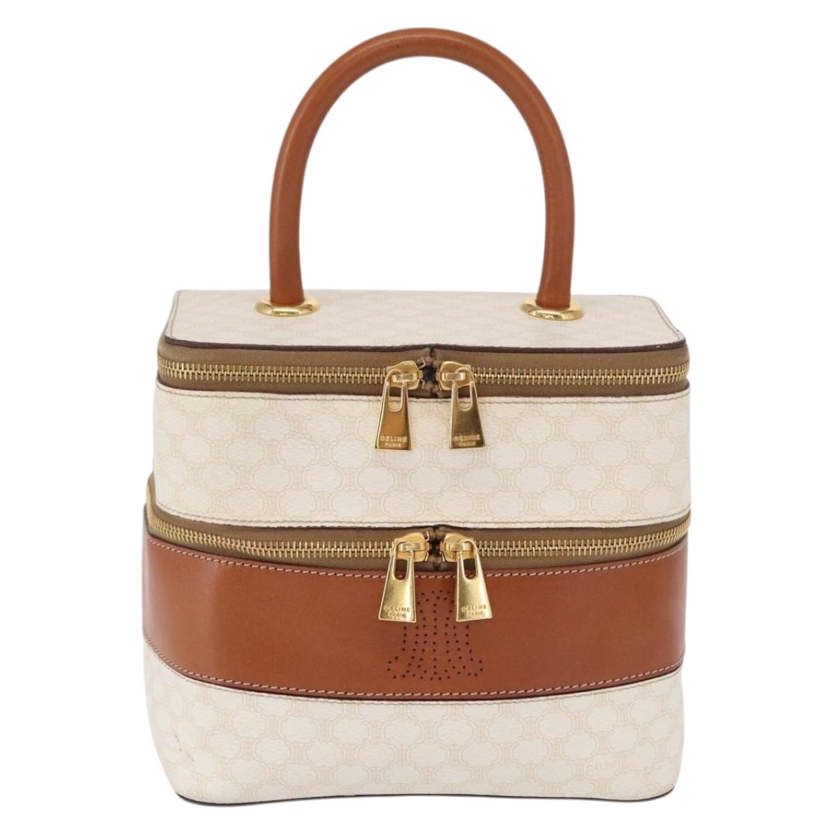 CELINE Macadam Canvas Vanity Hand Bag PVC White Gold Auth 168649