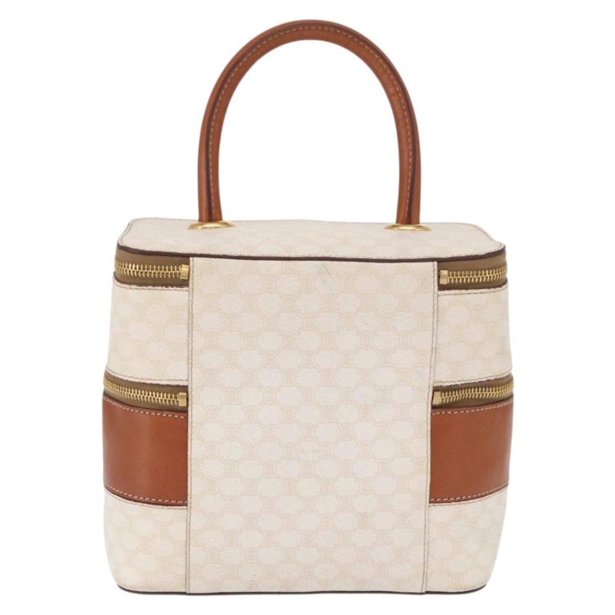 CELINE Macadam Canvas Vanity Hand Bag PVC White Gold Auth 168649