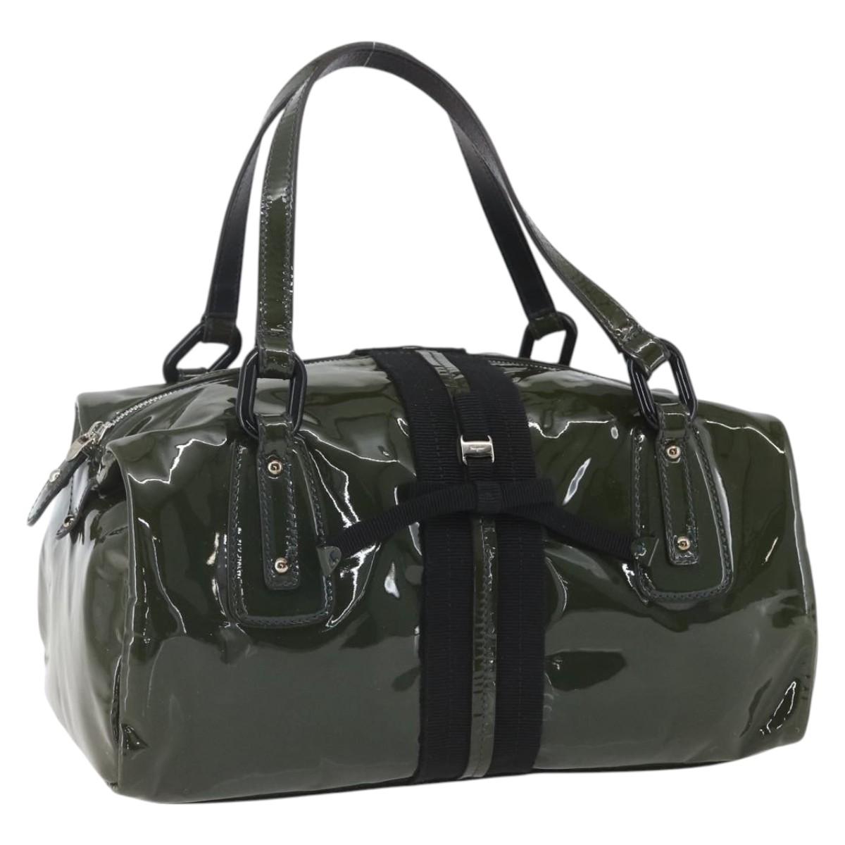 Salvatore Ferragamo Hand Bag Patent leather Khaki Silver Auth 168650