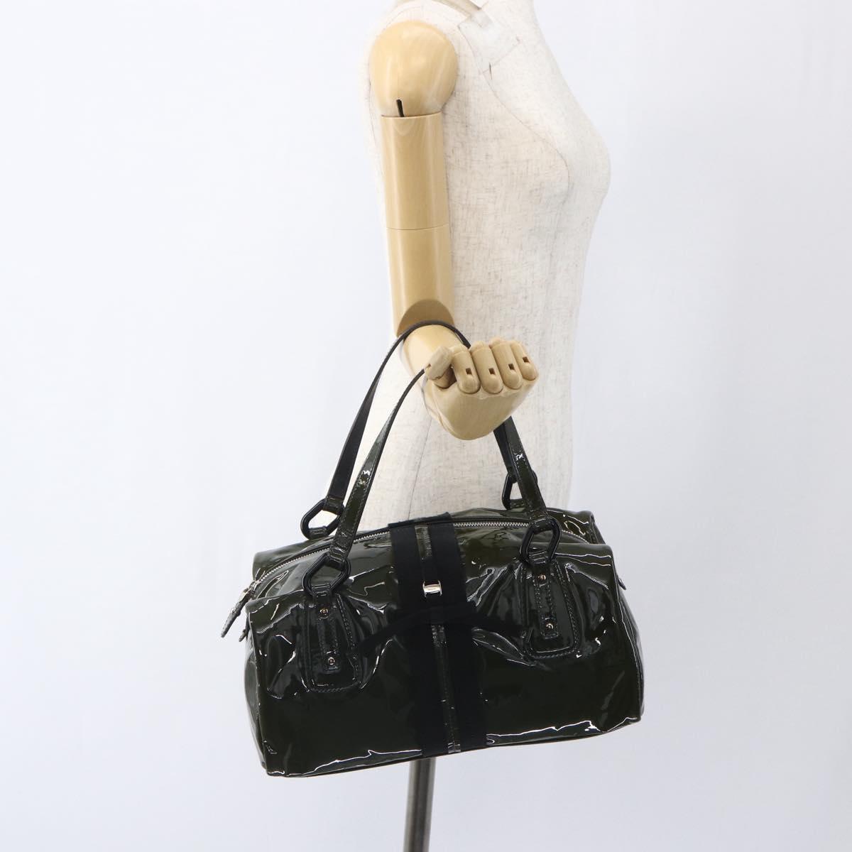 Salvatore Ferragamo Hand Bag Patent leather Khaki Silver Auth 168650