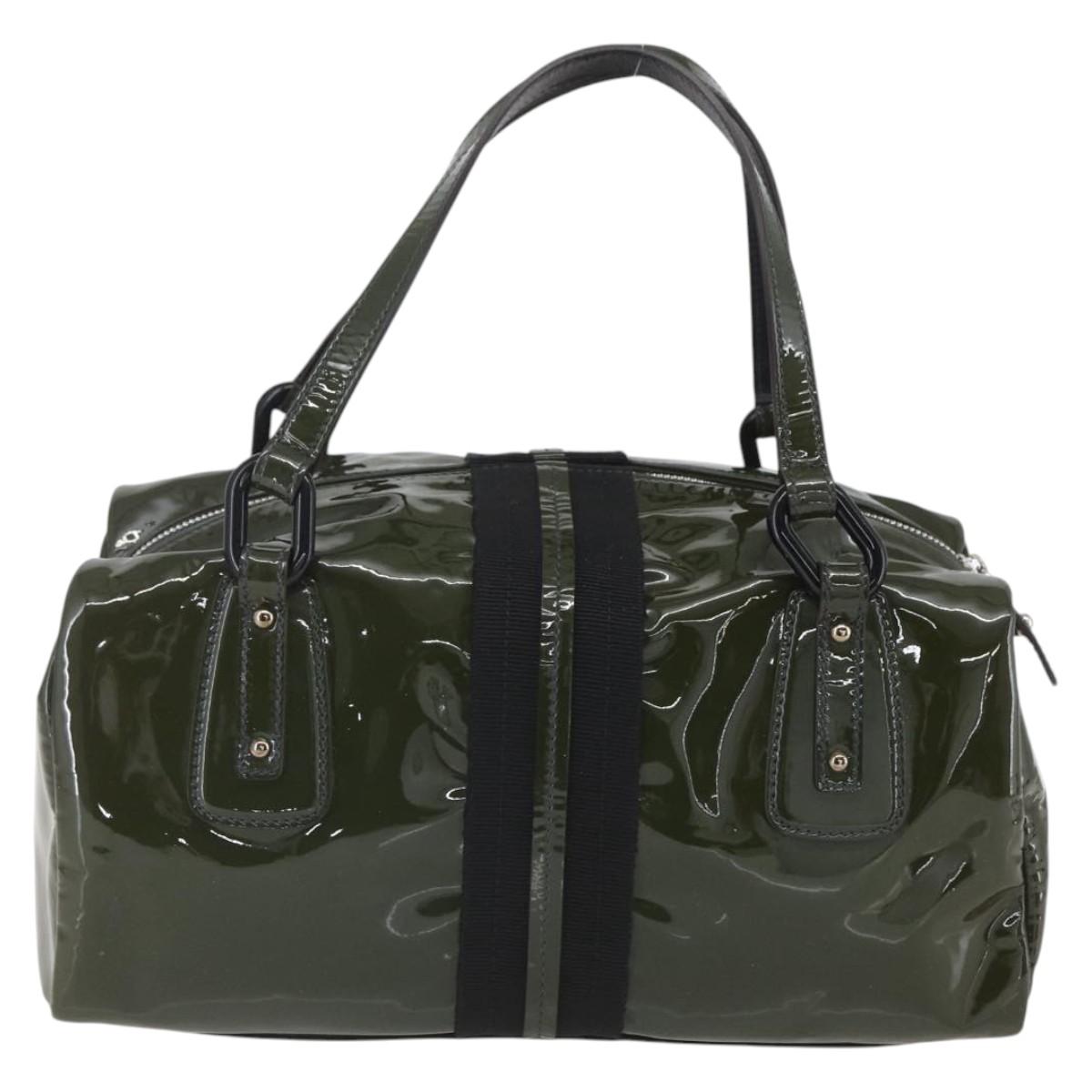 Salvatore Ferragamo Hand Bag Patent leather Khaki Silver Auth 168650