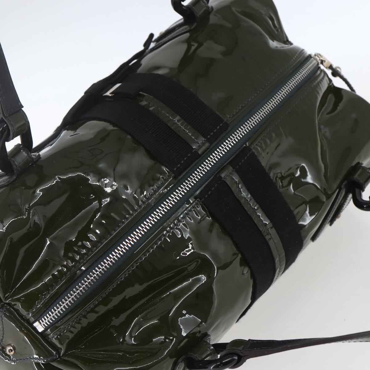 Salvatore Ferragamo Hand Bag Patent leather Khaki Silver Auth 168650